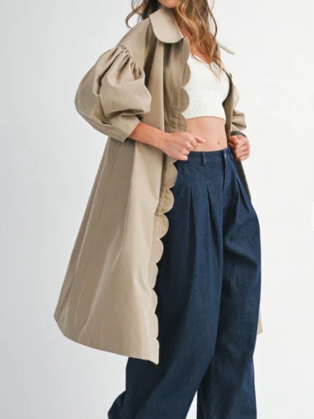 Scallop Detailed Balloon Sleeve‎ Trench Coat / Rain Coat, Khaki  Sz: S/M - Picture 2 of 16